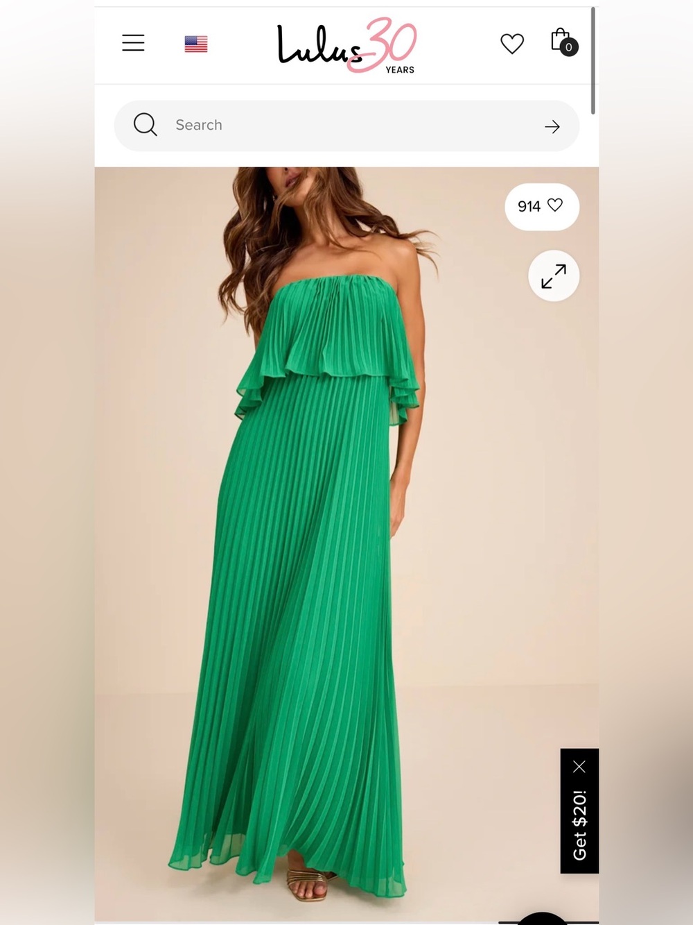 Lulus Green Strapless Pleated Maxi Dress